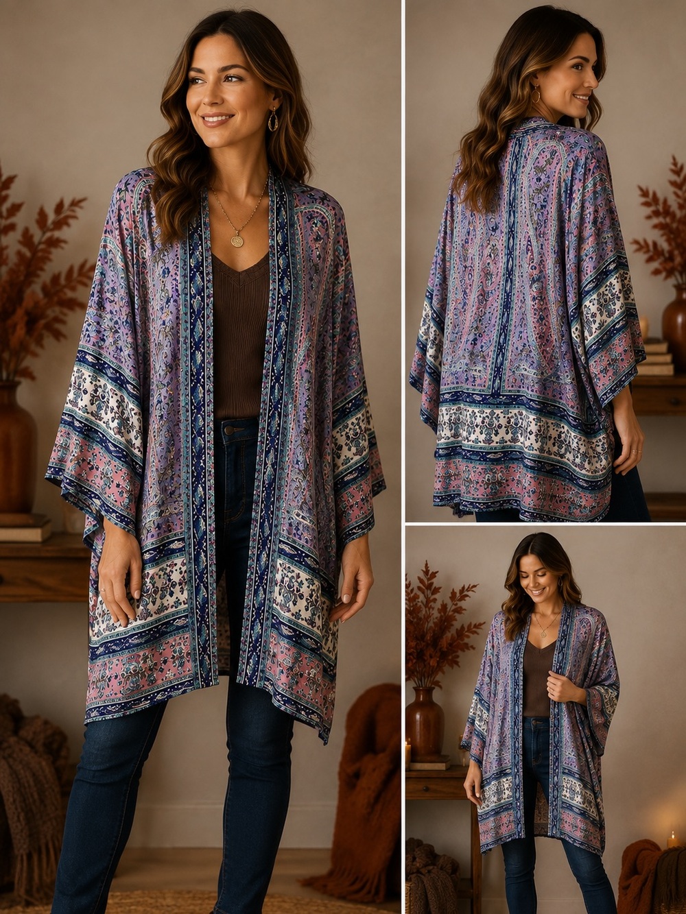 Calypso St Barth Sz Sm Paisley Floral Kimono Cardigan Open Front Boho Tunic Top